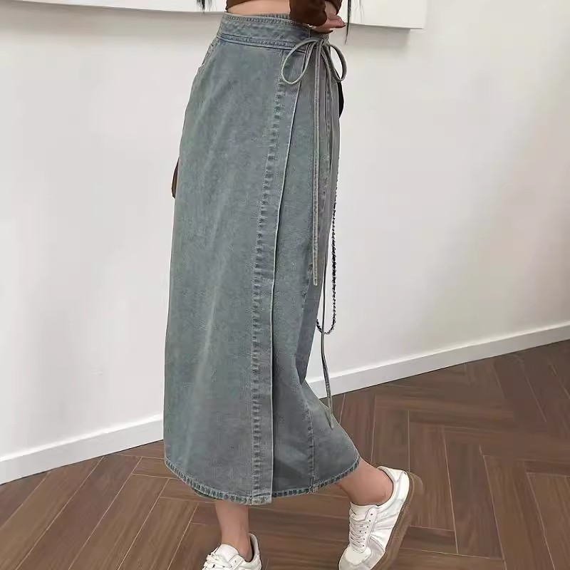 Denim Skirt Midi Vintage - Элегантная джинсовая юбка миди с завязками