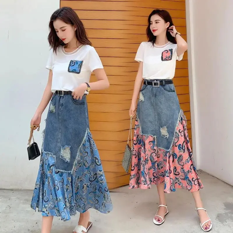 Denim Skirt Midi Vintage - Летние длинные юбки с высокой талией,