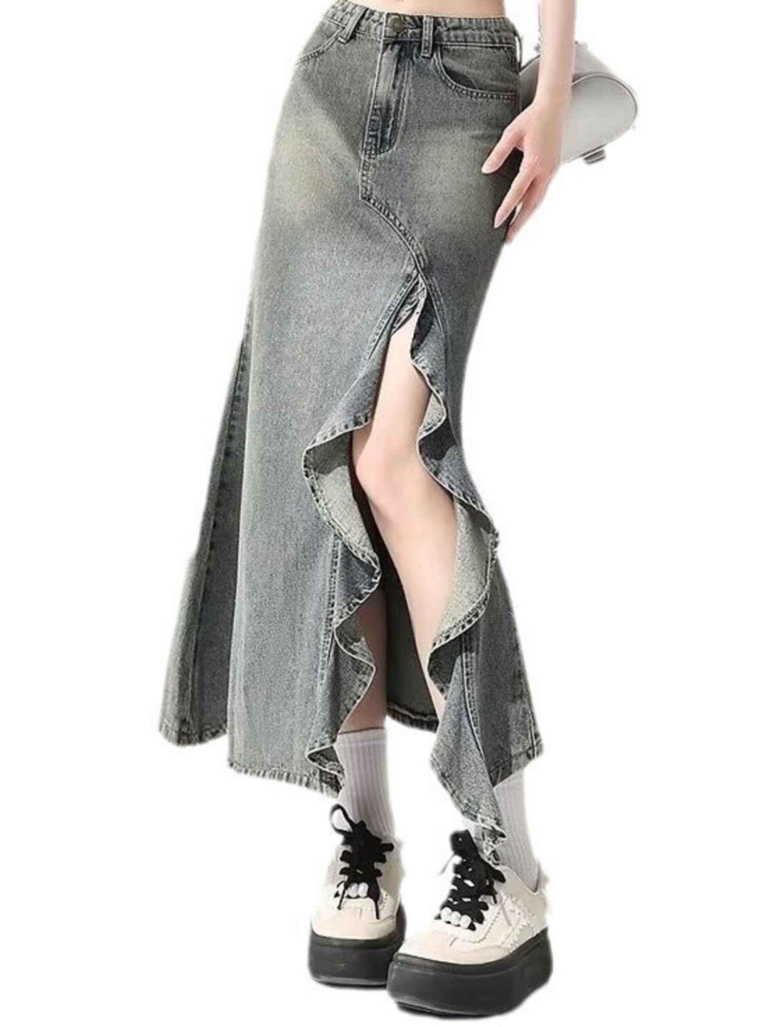 Denim Skirt Midi Vintage - Женская винтажная джинсовая юбка-русалка макси с