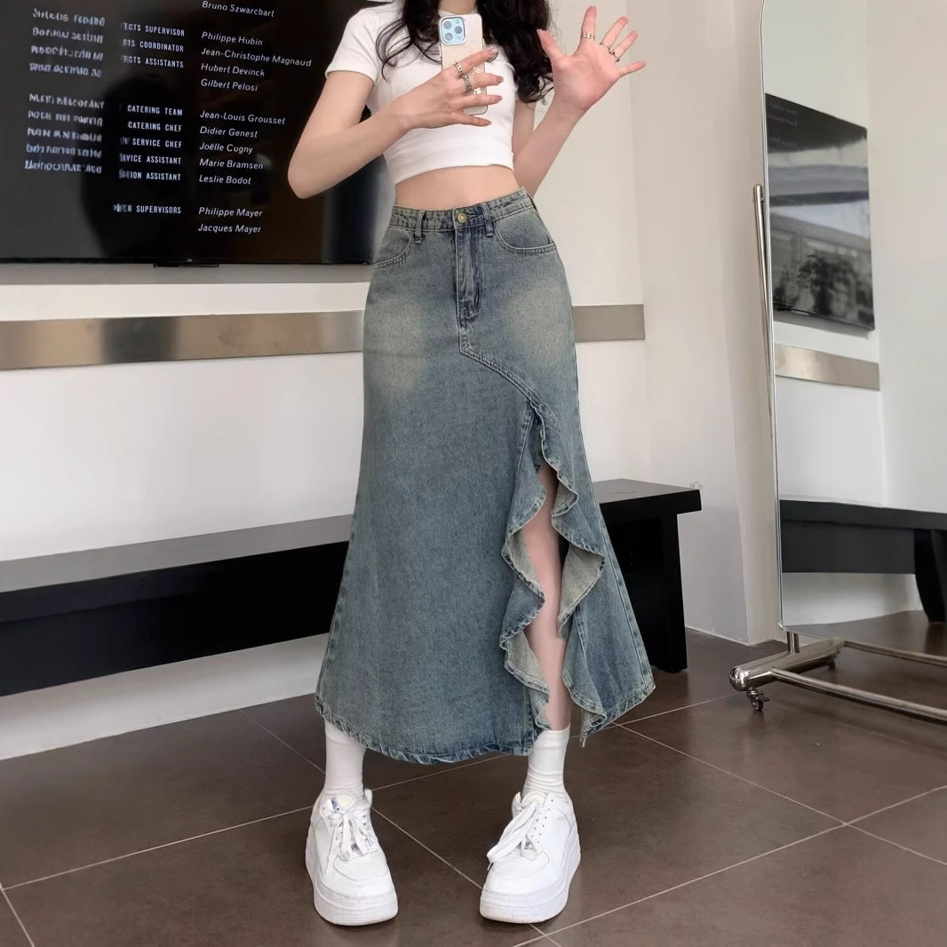Denim Skirt Midi Vintage - Корейская винтажная джинсовая юбка с высокой