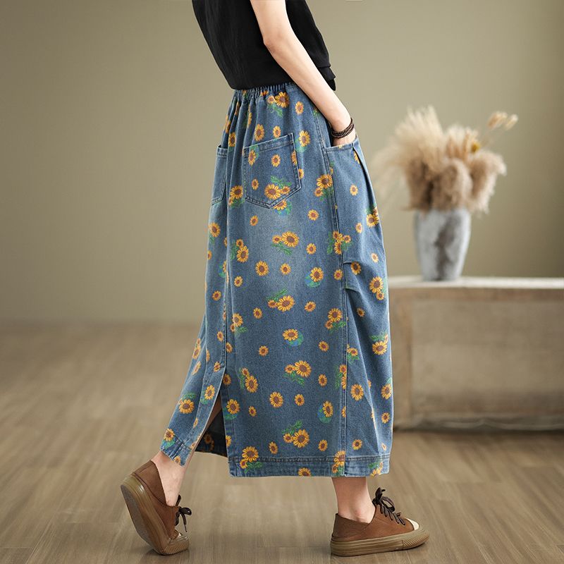 Denim Skirt Midi Vintage - Женская винтажная джинсовая юбка А-силуэта миди,