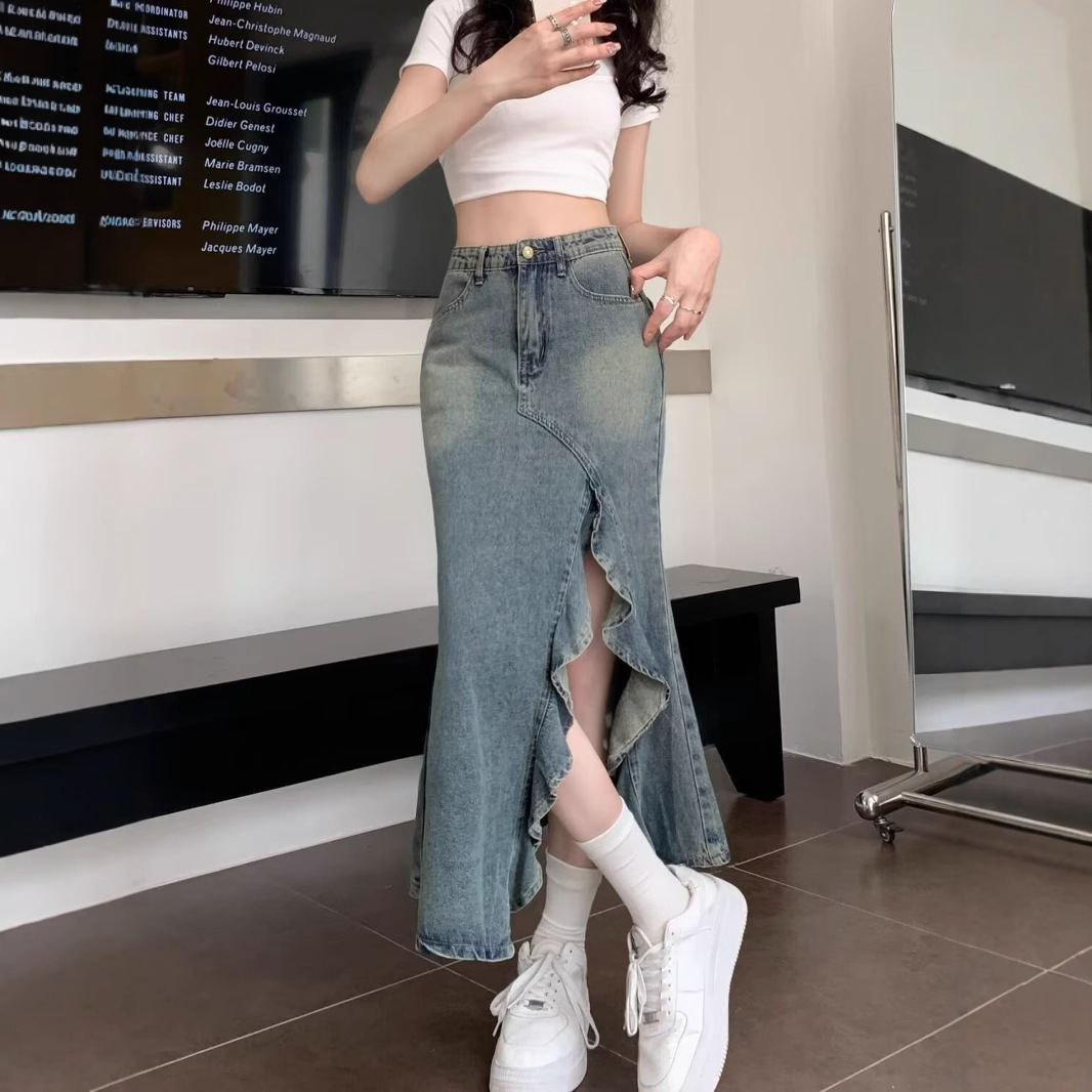 Корейская винтажная джинсовая  – обзор и цена Denim Skirt Midi Vintage