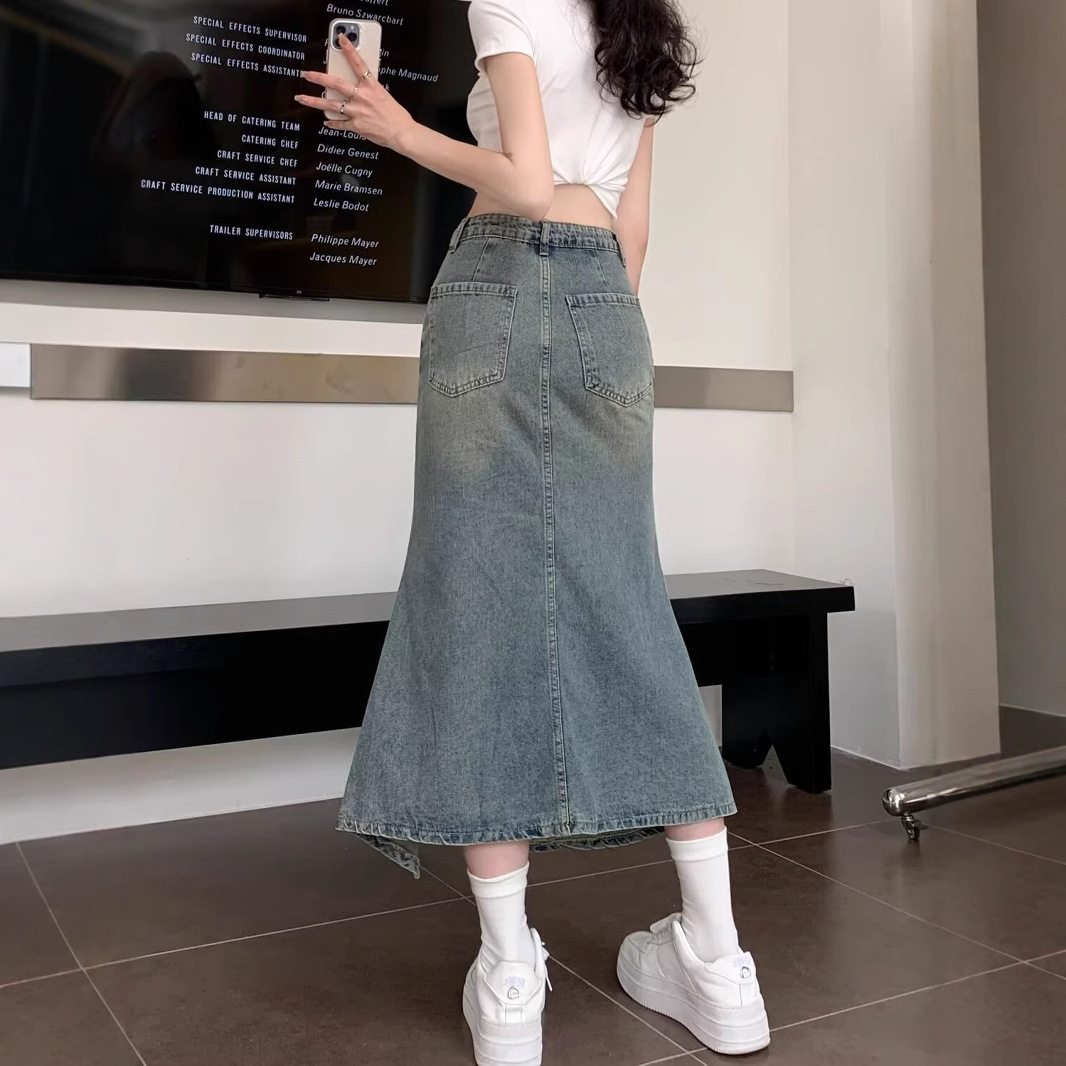 Корейская винтажная джинсовая  – обзор и цена Denim Skirt Midi Vintage